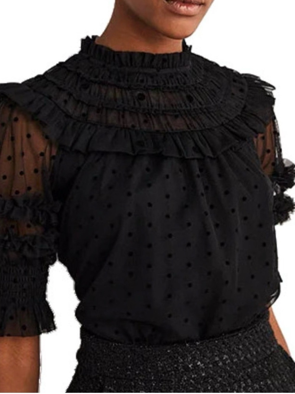 NWT Boden Black Polka Dot Tulle Ruffle Blouse w/Curved Yoke